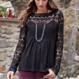 Sundance Catalog Nostalgic Nuance Gem Black Crochet Lace Long-Sleeve Top Sz L